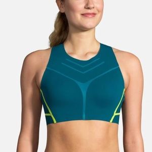 Brooks Dare High-Neck Run Bra, XL, Deep Sea/Lime